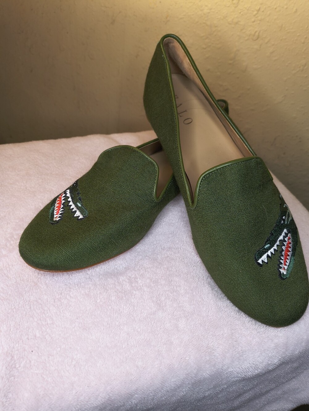 Zalo Green Canvas Dragon Embroidered Loafers - Picture 2 of 6